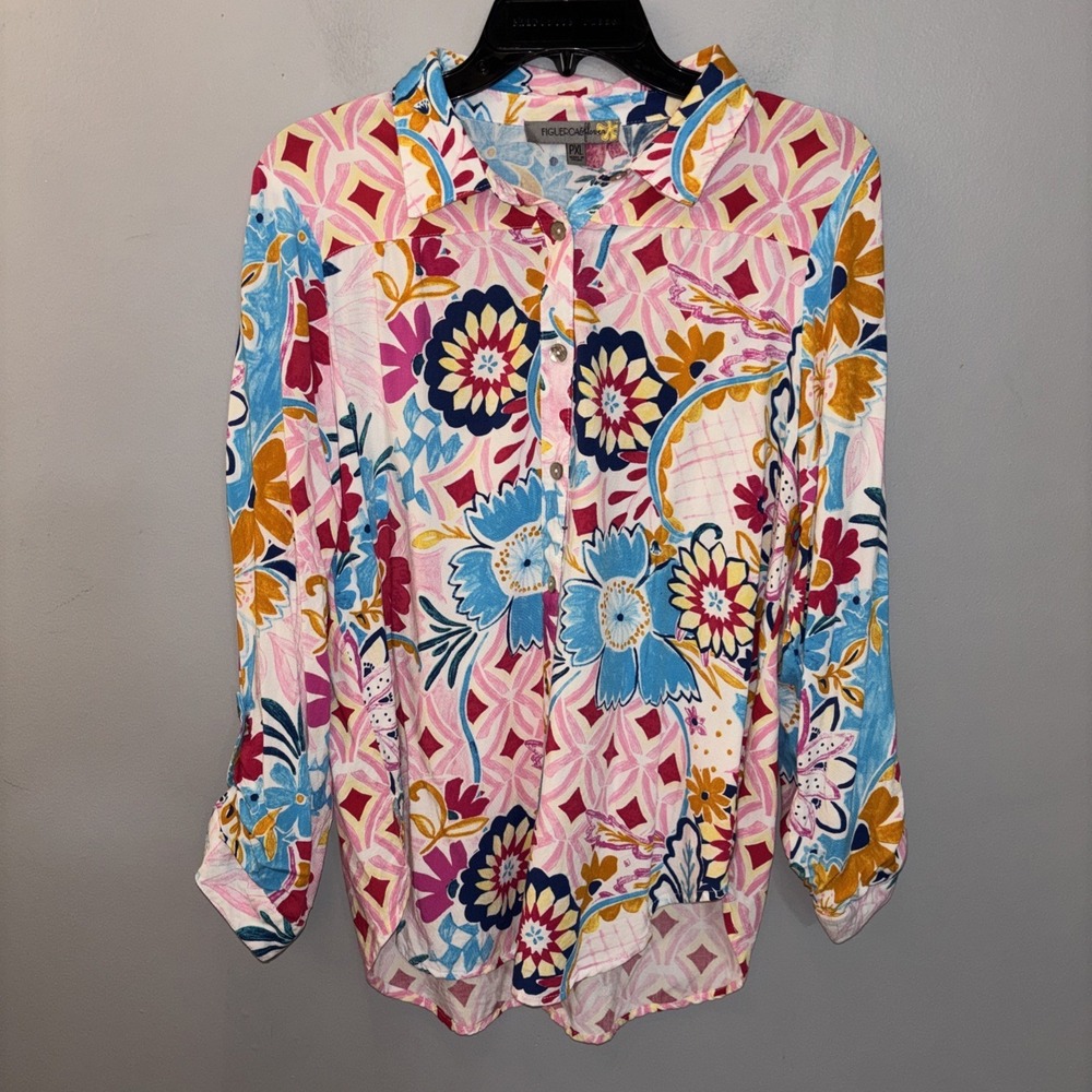 Figueroa & Flower Vibrant Floral Tunic Blouse Button Up Women's Petite XL Artsy